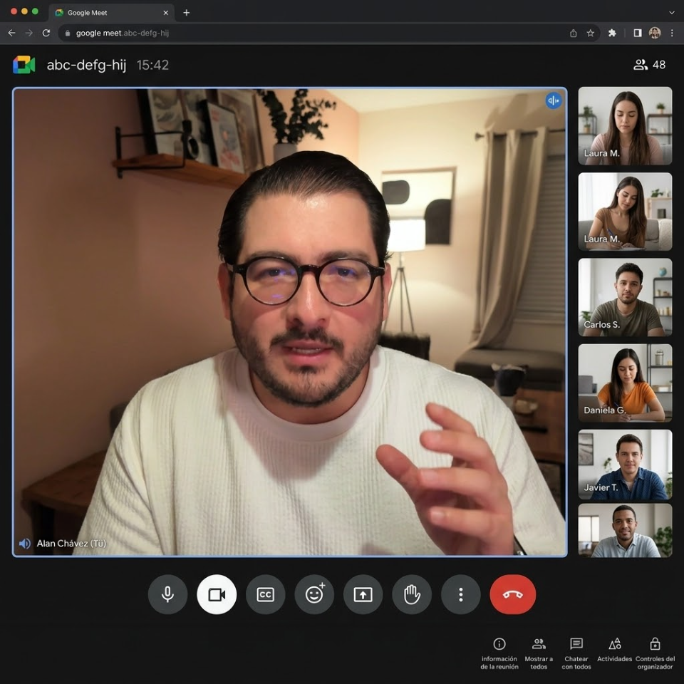 Alan Chávez dando un taller en vivo por videollamada